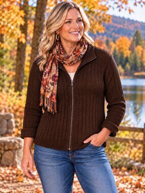 COLORADO CLOTHING Sweater Zip-Up Ribbed Rolled Cuffs Chocolate Brown NWOT XL